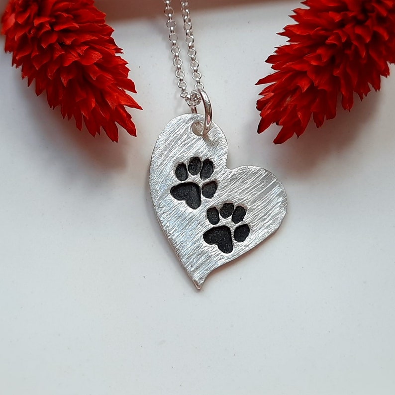 Heart pendant with stamped paw prints, 999 silver, patinated image 4