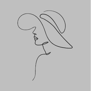 以下が含まれることがあります： 大きな帽子をかぶった人の線画。人物は右を向いており、帽子は顔の大部分を覆っている。