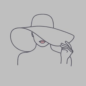 以下が含まれることがあります： 大きなつば広帽子をかぶった人の線画イラスト。帽子は目の上に引かれており、唇だけがみえています。