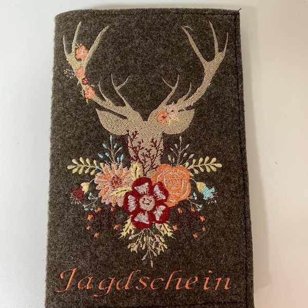 Jagdscheinhülle Filz braun mit Hirsch mit Blumen Hülle für Jägerinnen