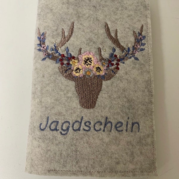 Jagdscheinhülle aus Filz beige |rosa |für Jägerinnen Hirsch |Blumen