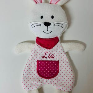 Könnte beinhalten: Ein weißer Plüschhase mit rosa Ohren und einem rosa-weiß gepunkteten Outfit. Das Outfit hat eine rote Lätzchen und eine rosa Tasche mit dem Namen "Lia" bestickt.
