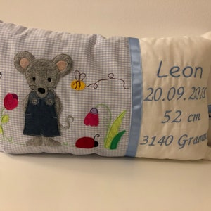 Personalized Pillow &quot;Mouse&quot; Boys 40 x25 cm blue *Name pillow*Birth gift*Gift for baptism