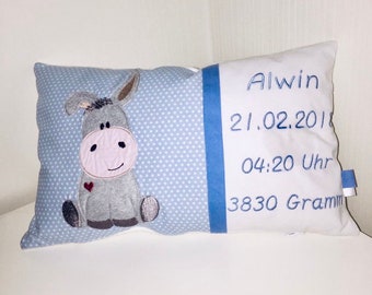 Personalisiertes Kissen „Esel" Jungen 40 x25 cm blau *Namenskissen* Geschenk zur Geburt*Geschenk zur Taufe* Größe*Gewicht*
