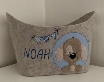 Filzkörbchen mit Hund Wimpelkette und  Wunschname *Personalisiertes Geschenk*Geschenk zur Geburt*Geburt zur Taufe blau
