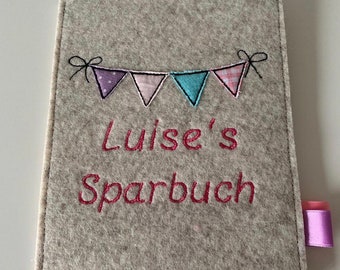 Sparbuchhülle Filz mit Wimpel und Wunschname *Geschenk zur Taufe*Geschenk zur Geburt*Geldgeschenk