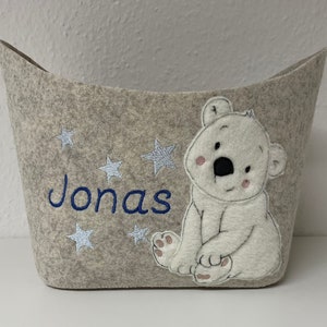 Filzkörbchen mit Eisbär , Sternen und  Wunschname *Personalisiertes Geschenk*Geschenk zur Geburt*Geburt zur Taufe blau