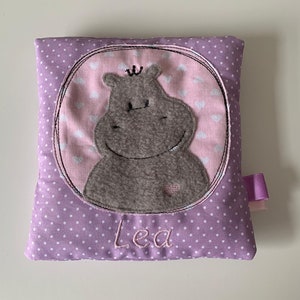 Almofada de grãos hipopótamo e nome desejado pontos rosa lilás *Presente personalizado*Presente de nascimento*Presente de batismo