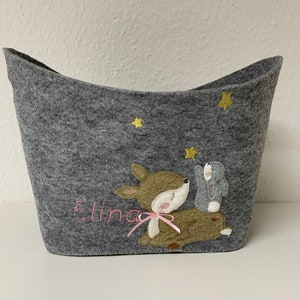 Cesto de feltro com veado e coelho |nome desejado| *Presente personalizado*Presente de nascimento*Baptizado rosa