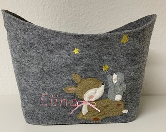 Felt basket with deer and rabbit |desired name| *Personalized gift*gift for birth*birth for baptism pink
