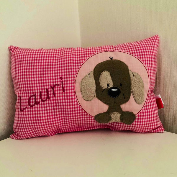 Personalisiertes Kissen mit Hund und Name 30 x 20cm Geschenk zur Geburt* Geschenk zur Taufe* pink kariert