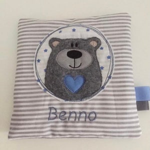 Grain pillow embroidered with desired name and bear gray striped blue Personalized giftGift for birthGift for baptism image 1