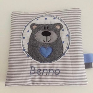 Almofada de grãos bordada com nome desejado e urso cinza listrado azul *Presente personalizado*Presente de nascimento*Presente de batizado