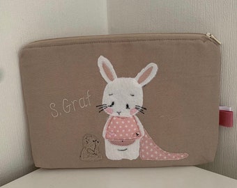 Sac de culture brodé avec lapin avec chiffon *cadeau anniversaire* sac de culture pour enfants beige