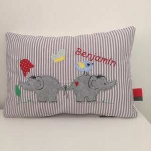 Personalisiertes Kissen mit Elefanten 30 x 20cm Geschenk zur Geburt* Geschenk zur Taufe* grau gestreift
