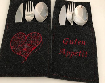 Cutlery bags felt black set of 2 heart