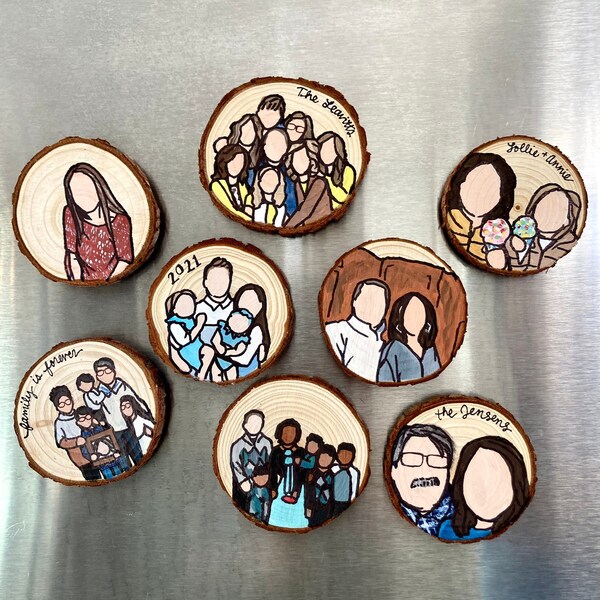 Hand-Painted Wood Slice Magnet, Custom Couple Portrait, Valentine's Gift