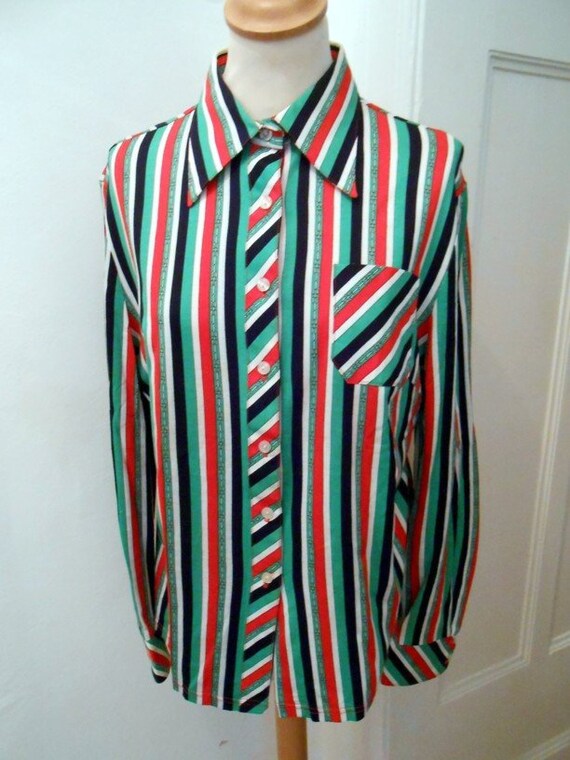 Shirt blouse 70s green orange striped