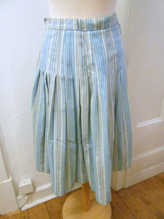 50s 60s light blue white striped pleated skirt lin
