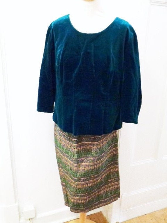 Two-piece velvet top brocade skirt 60s petrol gree