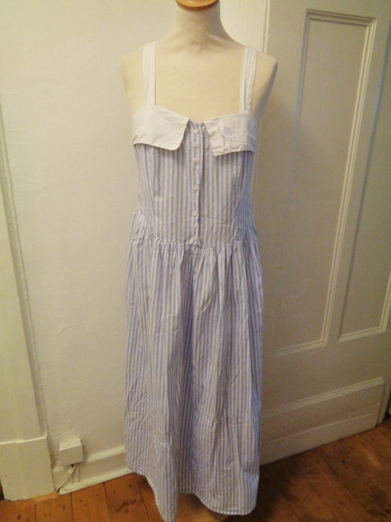 blue white striped summer dress 70s strap dress 50