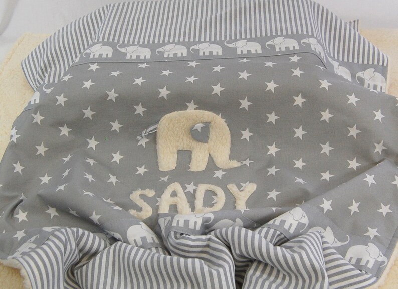Kuscheldecke Sterne Elefanten mit Name personalisierbar grau weiß Teddyplüsch Bild 2