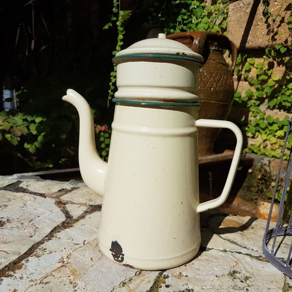 Vintage French coffee pot / pale yellow enamel / antique enamelware coffee pot / flower or florist decor / retro decor