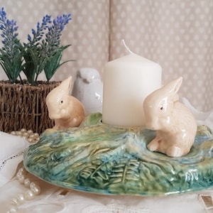 Vintage SylvaC porcelain 3 bunnies at play vase / Rabbit posy ring / elegant center piece / candle holder / Shabby country decor