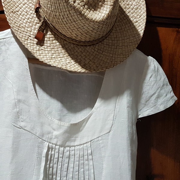 Beautiful white 100% LINEN summer dress / short cup sleeves size L / UK : 12-14