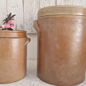 Peut inclure: Deux pots en grès bruns antiques avec couvercles, un plus petit et un plus grand, avec des poignées. Une bouteille de vin rouge avec une étiquette est à côté des pots. Une fleur rose et du feuillage séché sont sur le dessus du plus petit pot.