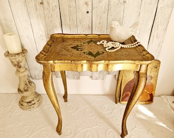 Vintage Italian Florentine table, ornately decorated with goldleaf, green & red patina, entryway table