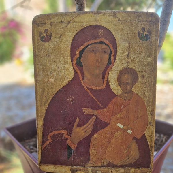 Vintage large Byzantine Icon, Virgin Mary with Jesus, gold & ruby print