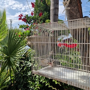 Vintage metal birdcage with original glass feeder / antique decorative cage / wedding decor /country decor / shabby distressed paint