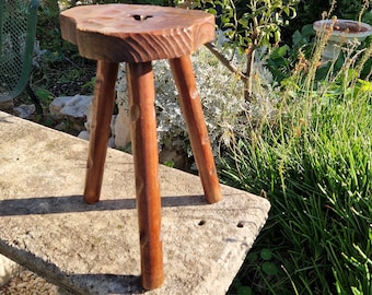 Vintage solid wood milking stool, Spanish brutalist style, tripod legged plant stand, farmhouse decor