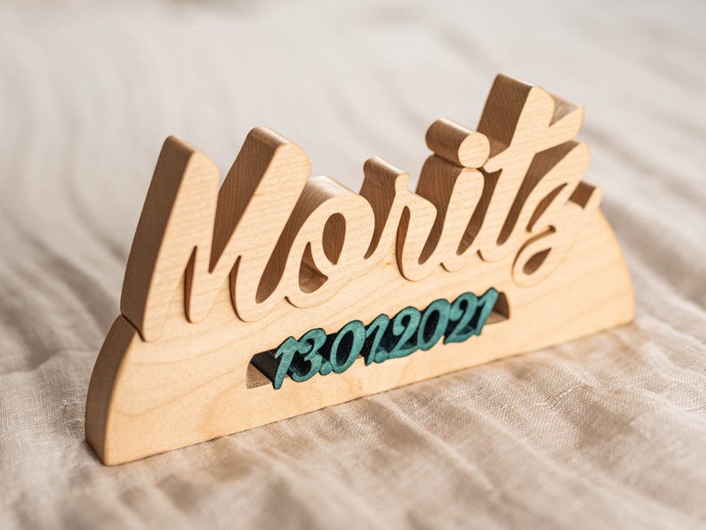 Name mit Geburtsdatum aus Holz Schriftzug aus holz zum hinstellen geschenk zur geburt, taufgeschenk, kinderzimmer, geburtstagsgeschenk Bild 6