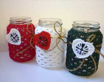 Lantern tealight glasses crocheted red green white table decoration winter decoration tealight glass