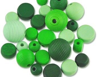 25 wooden beads 10-20 mm green drilled through wooden ball ribbed tinker thread wooden bead