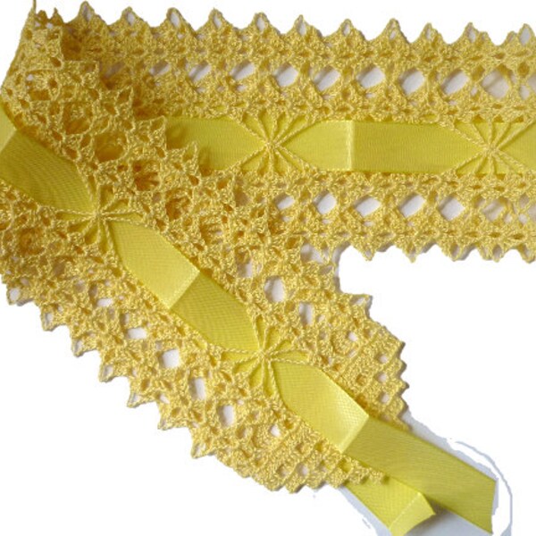 Tischband 115cm helles gelb Tischläufer gehäkelt crochet Baumwolle cotton Tischwäsche Schleifenband