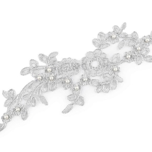 Könnte beinhalten: Silberne Spitzenapplikation mit Perlenbesatz. Die Spitze ist in einem floralen Design mit zarten Zweigen und Blättern.