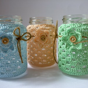 Lantern tea light glasses crocheted pastel, table decoration tea light crochet cotton glass image 1