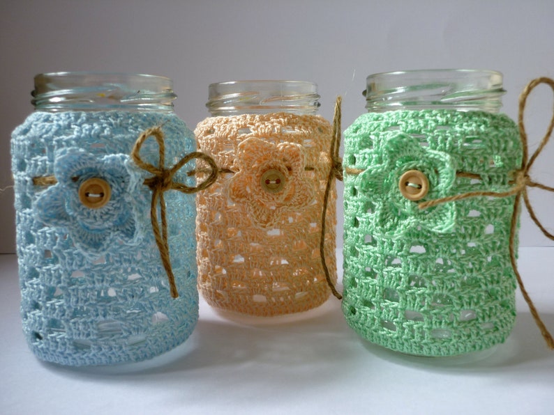 Lantern tea light glasses crocheted pastel, table decoration tea light crochet cotton glass image 1