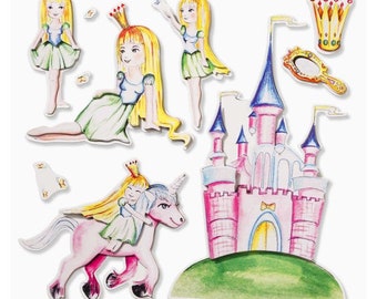 3D Sticker Prinzessin Aufkleber basteln Kinder Schloß Pferd bunt rosa