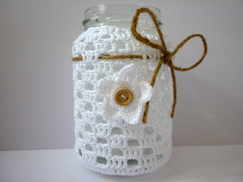 Lantern tea light glasses crocheted pastel, table decoration tea light crochet cotton glass White