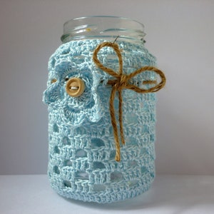 Lantern tea light glasses crocheted pastel, table decoration tea light crochet cotton glass hellblau