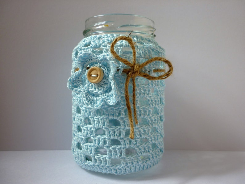 Lantern tea light glasses crocheted pastel, table decoration tea light crochet cotton glass hellblau