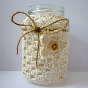 Lantern tea light glasses crocheted pastel, table decoration tea light crochet cotton glass Beige