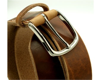 40mm super long harness leather belt with nickel plated solid brass buckle / 4mm vegetable tanned German leather