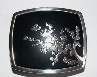 40 mm versilberte Gürtelschnalle Bonsai Zweig // Buckle mit asiatischem Motiv // hochwertige Koppelschnalle auch für dickes Leder geeignet