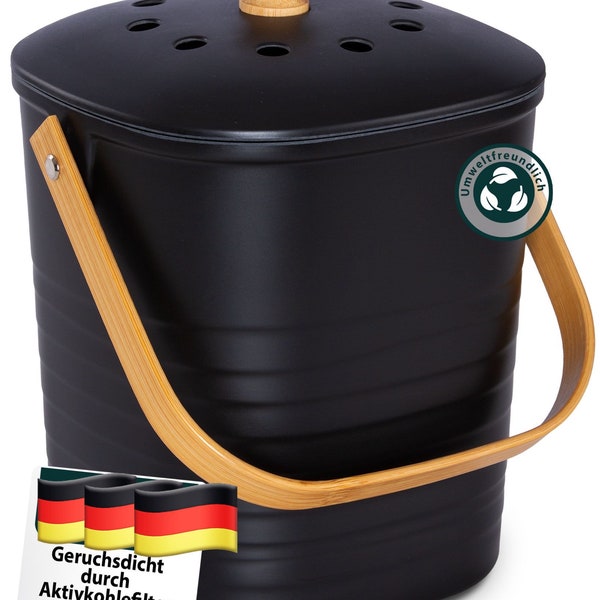 Komposteimer schwarz mit verschiedenen Filter Bambus Bio Eimer Küche Behälter Umweltfreundlich Geruchsdicht 4L Aktivkohlefilter Biomüll