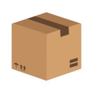May include: A brown cardboard box with a brown tape seal across the top and a brown label on the side. The box has a symbol of an arrow pointing upwards with three arrows pointing upwards on either side of the arrow.